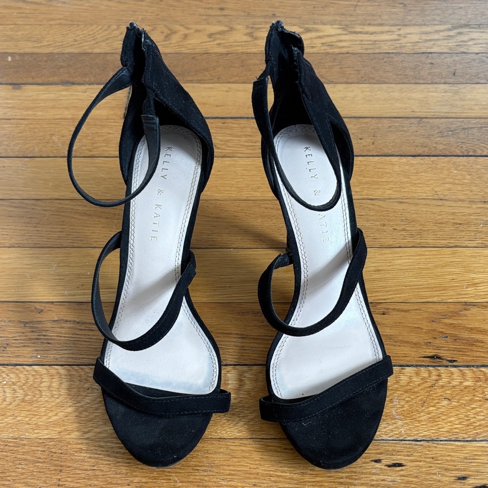Kelly & Katie Black Suede Strappy Ankle-Heel Sandals